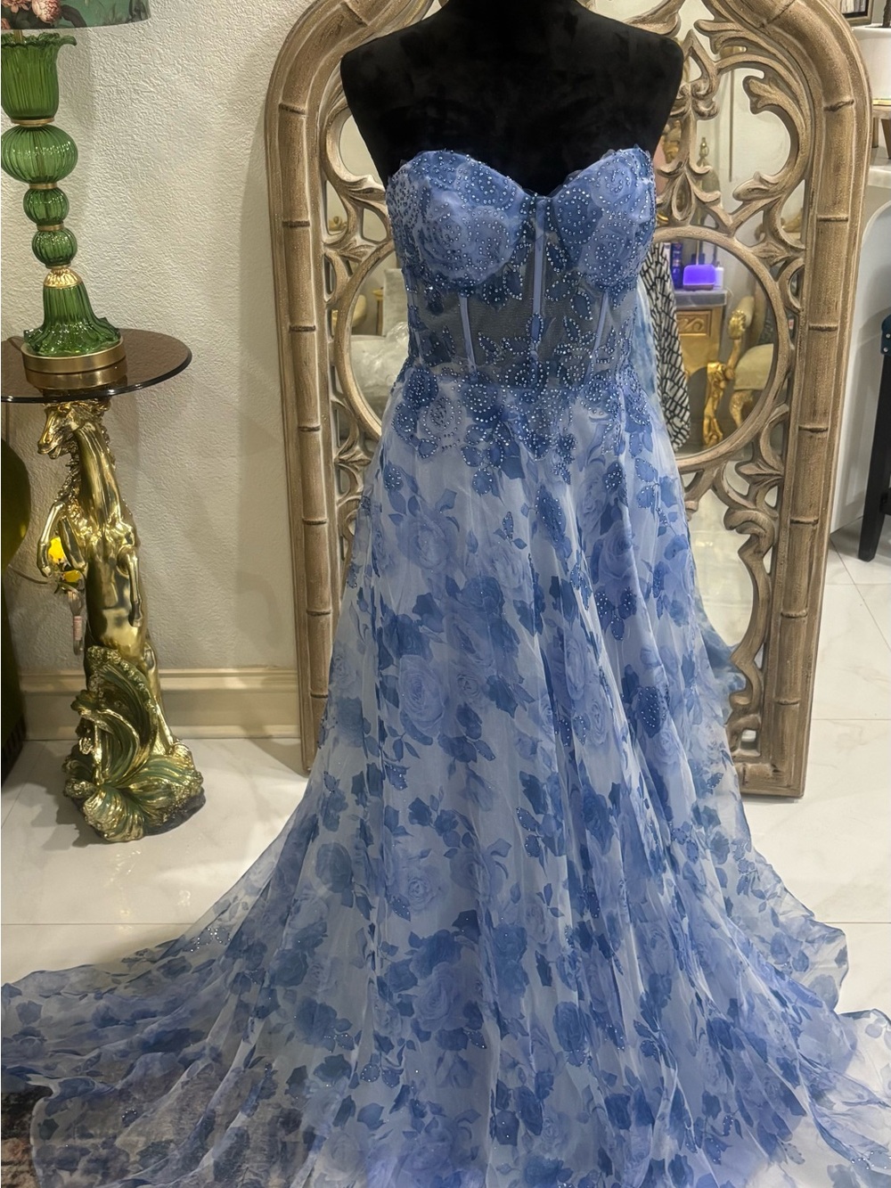 Strapless Blue Floral Ball Gown Wedding Dress